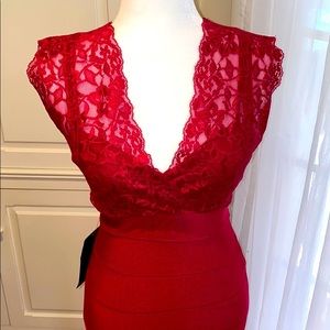 Bebe Cutout Lace Twofer Bandage Dress in Red